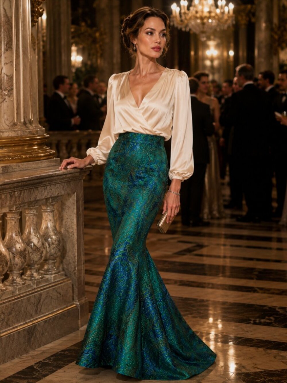 NEW Peacock Mermaid Maxi Skirt Elegant Dark Blue Green Formal Evening Gown XS/S